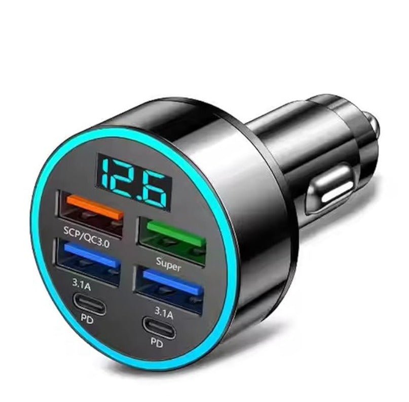 6-Port Fast Car Charger | 66W USB + Type-C Adapter with LED Display | QC3.0 + PD - TruVexa